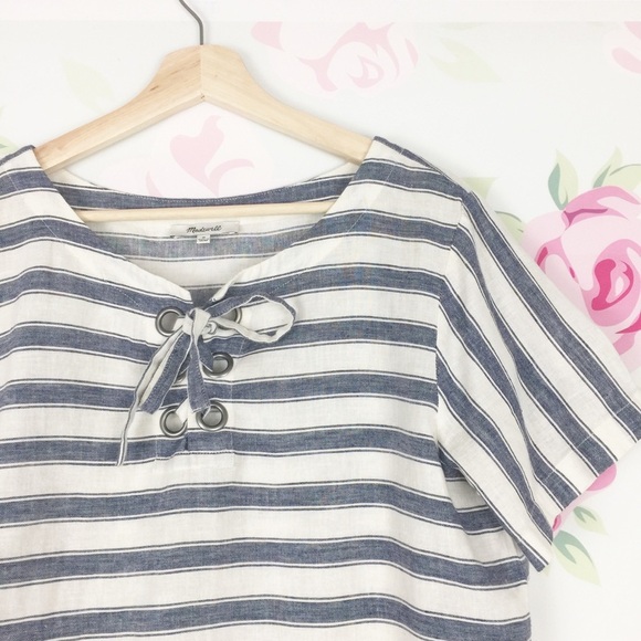 Madewell Nautical Blue Cream Ivory Stripe Linen Lace Up Blouse M - Picture 2 of 8